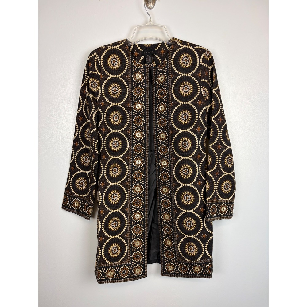 Silkland 100% Silk Beaded Sequin Medallion Open Front Duster Jacket Small Artsy